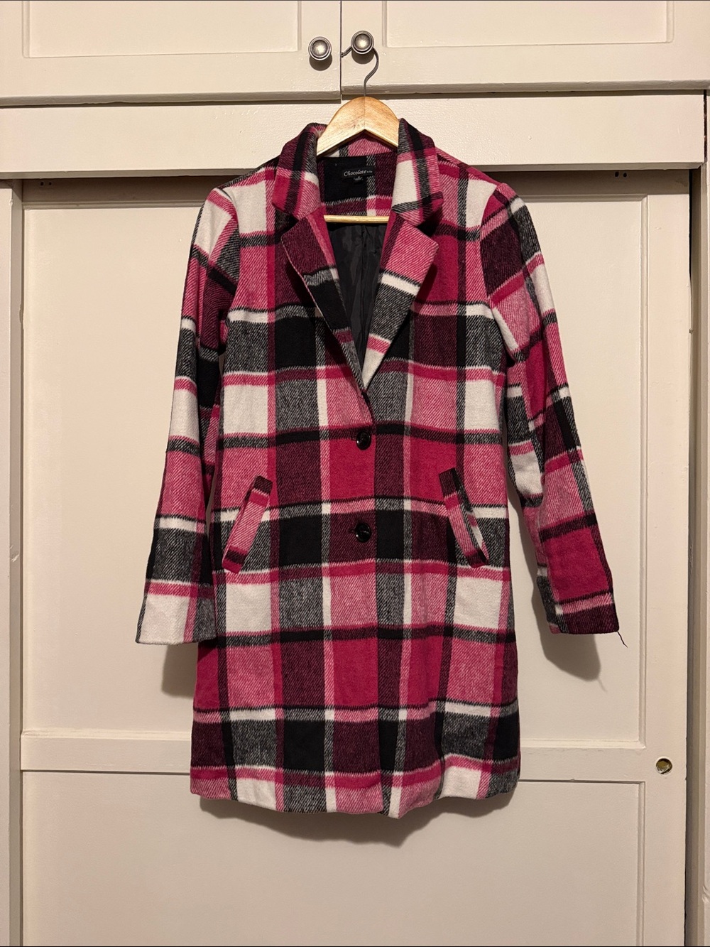 Chocolate Pink & Black Plaid Pea Coat